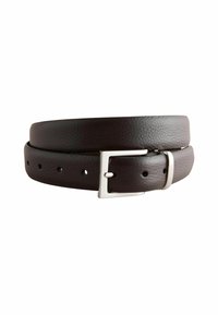 Brown leather belt with a pebbled texture, featuring a silver metal buckle and multiple adjustable holes for sizing.