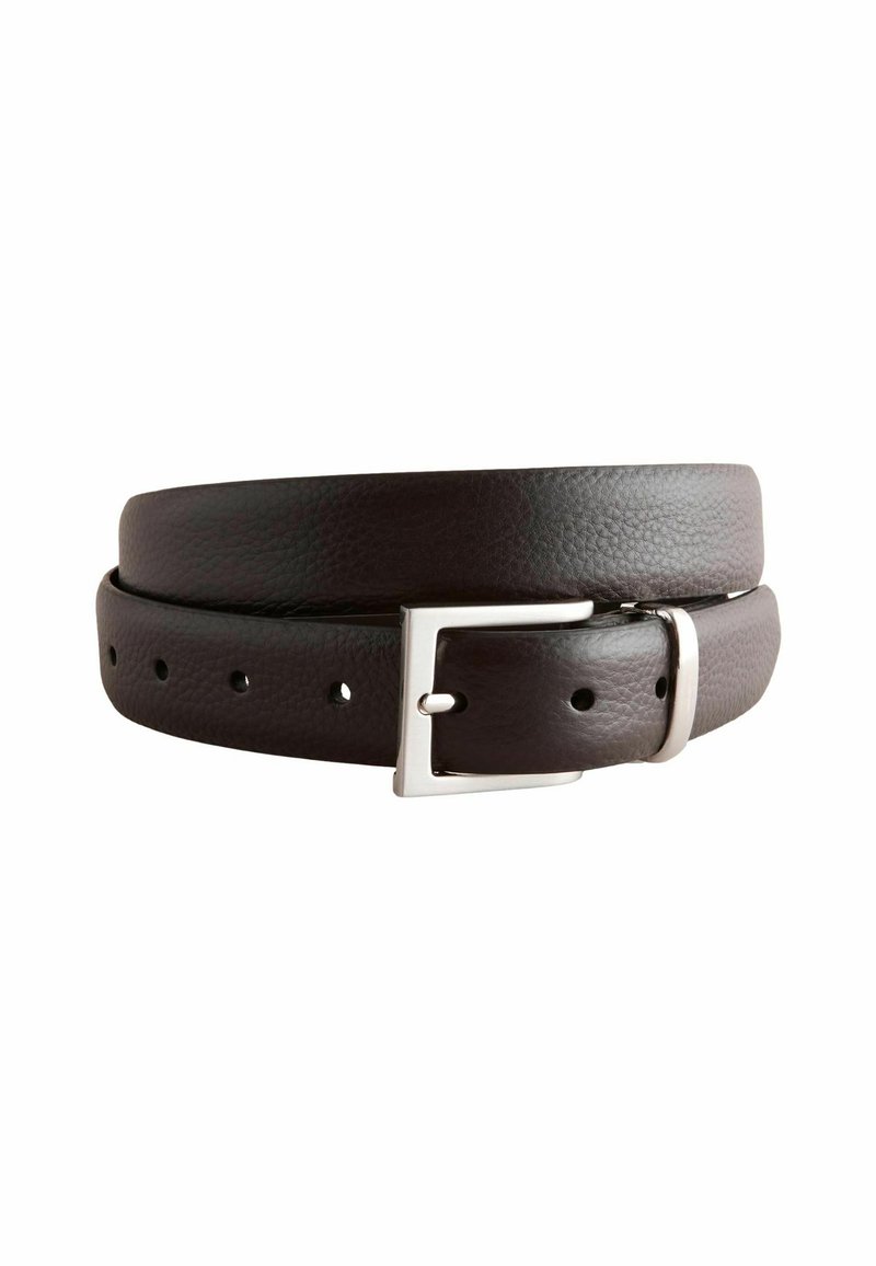Brown leather belt with a pebbled texture, featuring a silver metal buckle and multiple adjustable holes for sizing.