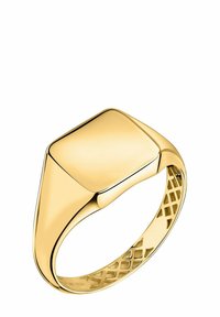 Goldring mit einem glatten, viereckigen Oberteil, sich verjüngendem Band und einem komplizierten, strukturierten Innendesign. Polierte Oberfläche verstärkt den Glanz.