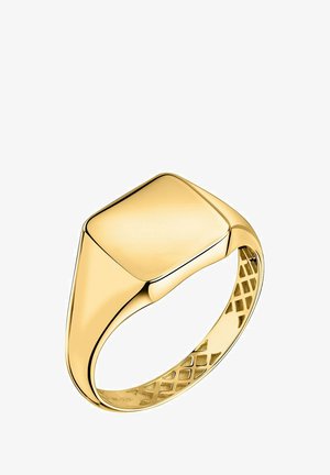 Goldring mit einem glatten, viereckigen Oberteil, sich verjüngendem Band und einem komplizierten, strukturierten Innendesign. Polierte Oberfläche verstärkt den Glanz.