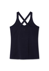 Top in blu navy senza maniche con design a incrocio sulla schiena, realizzato in tessuto morbido. Presenta un collo rotondo e un orlo dritto.