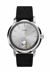 Zegarek Timex z srebrną tarczą, czarnym skórzanym paskiem zdobionym nutami muzycznymi oraz ilustracją Snoopy'ego grającego na saksofonie.