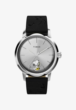 Timex-Uhr mit silbernem Zifferblatt, schwarzem Lederarmband mit Noten und einer Snoopy-Illustration, die Saxophon spielt.