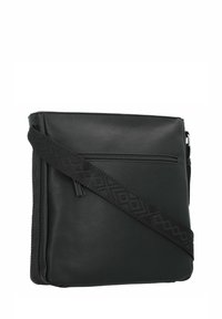 Borsa a tracolla in pelle nera con tracolla testurizzata, tasca frontale con zip e finitura liscia. Forma quadrata con dettagli di design minimalisti.