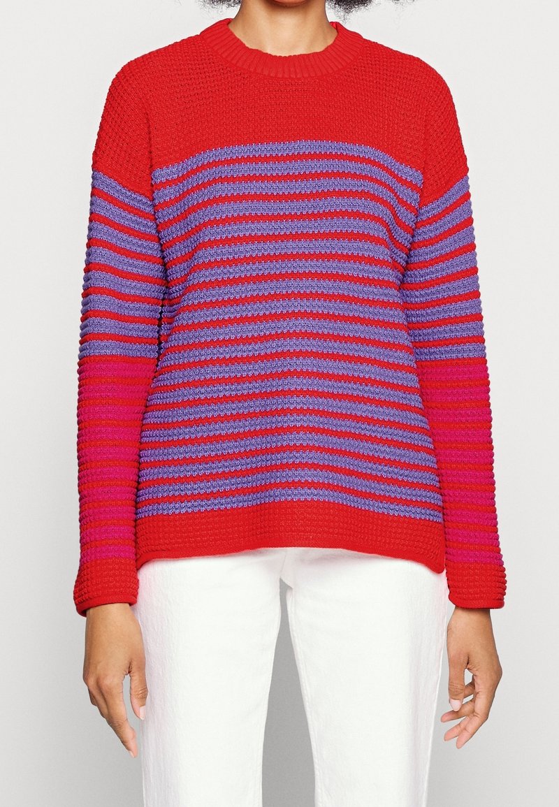 Pullover lavorato a maglia rosso con righe orizzontali viola e rosa. Tessuto a costine; scollatura rotonda; maniche lunghe; vestibilità comoda.