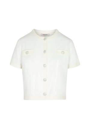 Cardigan bianco a maniche corte in maglia con scollo tondo, chiusura frontale con bottoni e due tasche sul petto con bottone.