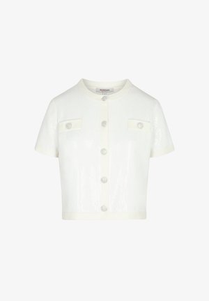 Cardigan bianco a maniche corte in maglia con scollo tondo, chiusura frontale con bottoni e due tasche sul petto con bottone.