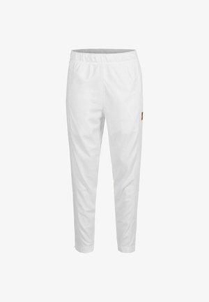 Weiße Sporthose mit elastischem Bund, schmal zulaufenden Beinen und einem kleinen Logo-Detail an der Seite. Glattes und leichtes Material.