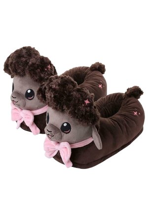 Brown plush slippers shaped like dogs with curly fur, pink bows, and embroidered stars on a white background.