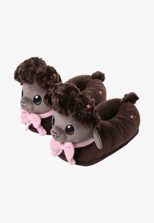 Chaussons en peluche marron en forme de chiens avec fourrure bouclée, nœuds roses et étoiles brodées sur fond blanc.