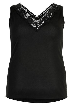 Čierny top bez rukávov s V-krkom, ktorý má jemnú čiernu krajku na okrajoch. Vyrobený z hladkej textílie, má mierne zakrivený lem.
