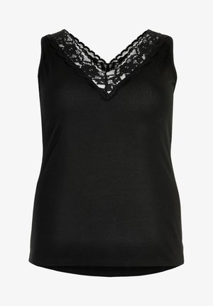 Must pikkade õlgadega T-särk V-kaelusega, millel on delikaatne mustal pitsist äär. Valmistatud sujuvast kangast, millel on veidi kaardus hem ja varrukateta disain.