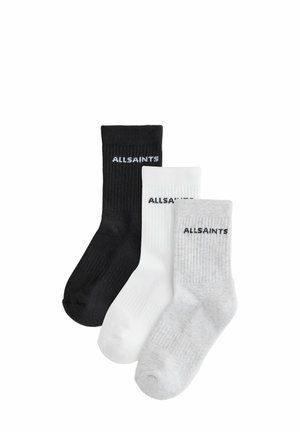 Three pairs of ribbed crew socks in black, white, and gray, each with "ALLSAINTS" text on the cuff.