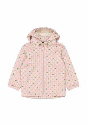 Svetloružová nepremokavá bunda s kapucňou, s pruhovaným vzorom a viacfarebnými srdiečkami. Elastické manžety a predný zips.