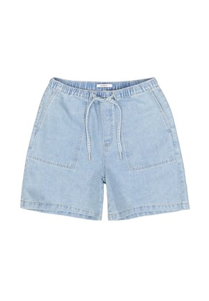 Lichtblauwe denim shorts met een elastische tailleband, trekkoordsluiting en twee opgestikte voorzakken. Soepele textuur, casual ontwerp.