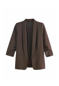 Blazer maro cu deschidere frontală, cu mâneci trei sferturi, textură netedă și două buzunare frontale. Fabricat dintr-un material ușor, cu un design ajustat.