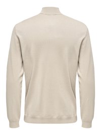 Beiger Pullover mit hohem Kragen, langen Ärmeln und einer weichen, glatten Textur. Einfaches Design ohne sichtbare Muster oder Akzente.