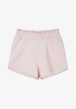 Shorts atletici roz deschis cu talie elastică, două buzunare laterale și un logo subtil pe partea din față, de culoare albă. Țesătură moale, texturată.