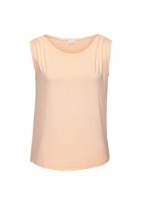 Peach-colored sleeveless top with a rounded neckline. Made of smooth fabric featuring gathered shoulder details and a relaxed fit.