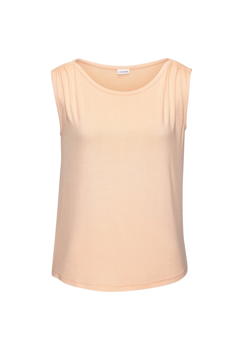 Peach-colored sleeveless top with a rounded neckline. Made of smooth fabric featuring gathered shoulder details and a relaxed fit.