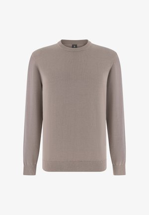 Světle hnědý svetr s dlouhým rukávem a kulatým výstřihem, s žebrovanými manžetami a lemem, zobrazený na bílém pozadí.