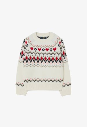 Crèmekleurige trui met een Fair Isle-patroon met rode, zwarte en roze accenten. Ronde halslijn en ribgebreide mouwen zorgen voor extra textuur.