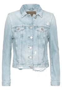 Veste en denim bleu clair, design déchiré, fermeture à boutons, deux poches poitrine et détails à l'ourlet brut. Coupe décontractée avec manches longues.