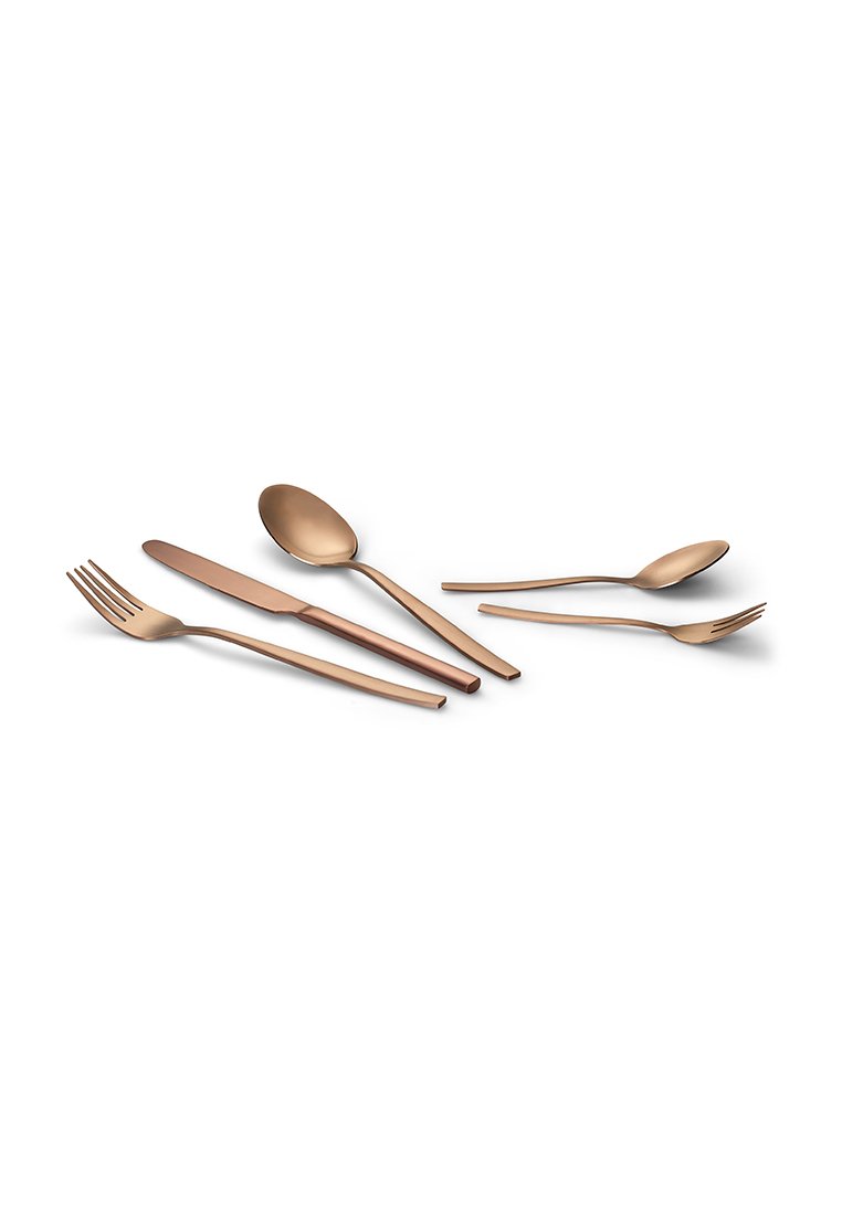 Edelstahl-Besteckset in Bronze mit einem Essgabel, einem Messer, einem Löffel, einem Dessertlöffel und einem Teelöffel in einem eleganten, minimalistischen Design.
