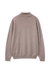 Maglione di lana marrone chiaro con colletto alto, maniche lunghe, orlo e polsini a costine e una superficie morbida e texturizzata. Mostrata vista posteriore.