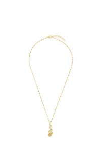 Collana d'oro con una delicata catena e un ciondolo a forma di rosa con foglie, che mette in mostra dettagliati elementi di design floreale.