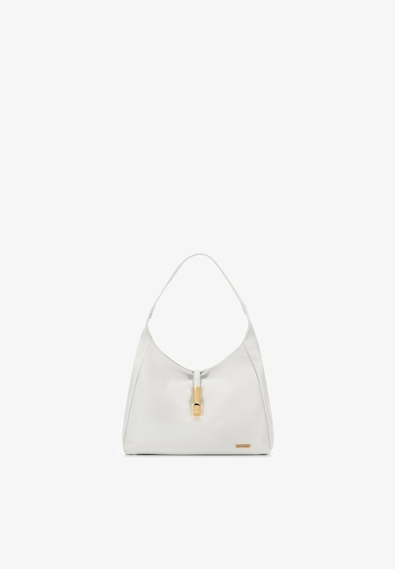 Bolso de hombro de piel blanca con forma curvada, cierre superior con cremallera y un acento en tono dorado para añadir detalle. Textura suave en toda su superficie.