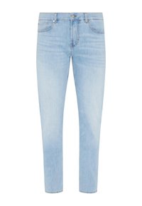 Jeans in denim blu chiaro con vestibilità slim, dotati di chiusura con bottone e zip, design a cinque tasche e leggera scoloritura generale.