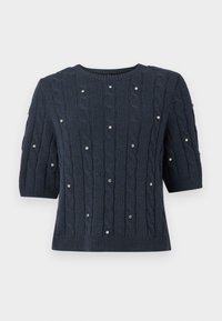 Navy blue knitted sweater with short sleeves, featuring cable patterns and decorative gem accents throughout. Round neckline and ribbed hem.