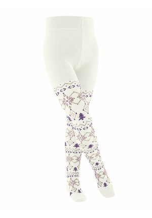 Collant bianchi lavorati a maglia con motivi festivi viola e beige, inclusi fiocchi di neve e alberi di Natale.