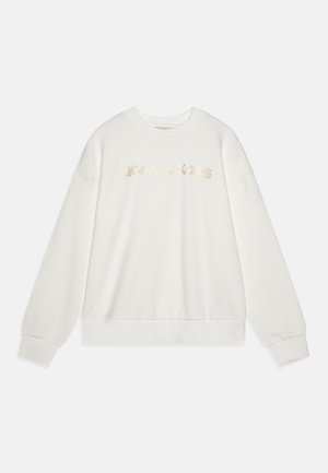 Sweatshirt blanc en tissu doux arborant un logo "MICHAEL KORS" en broderie beige clair, avec des poignets et un ourlet côtelés.