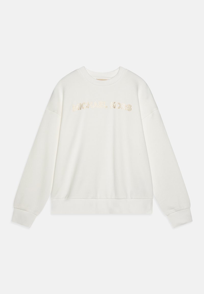 Hvit sweatshirt laget av mykt stoff med fremtredende "MICHAEL KORS"-logo i lysebeige brodering, samt ribbestrikkede mansjetter og kant.
