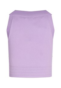 Top senza maniche lilla in maglia con scollatura arrotondata, caratterizzato da una finitura testurizzata e dettagli a costine orizzontali sull'orlo.