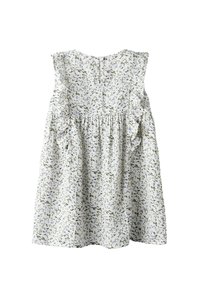 Valkoinen ja vaaleansininen kukkamekko, jossa on gathers-yhdisteinen vyötärö, röyhelöolkapäät ja napitus takana. Teksturoitu kangas, jossa on pieniä kuvioita.