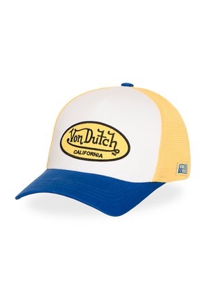 Gorra de béisbol con visera azul, panel frontal blanco, laterales de malla amarilla y parche con el logo de Von Dutch California en el frente.