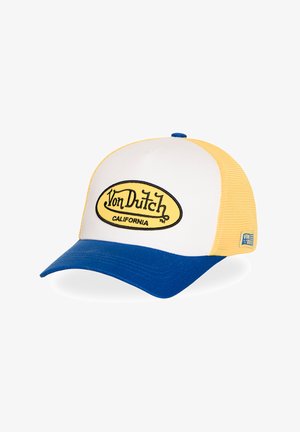 Gorra de béisbol con visera azul, panel frontal blanco, laterales de malla amarilla y parche con el logo de Von Dutch California en el frente.