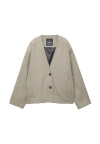 Veste pour femmes en mélange de laine gris clair avec col en V, deux boutons noirs, manches longues, poches latérales et doublure intérieure noire.