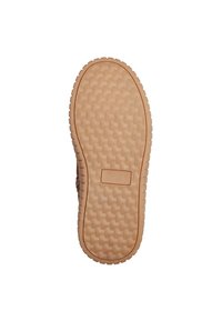 Podeszwa buta z teksturowanym, plecionym wzorem w jasnobrązowej gumie. Zawiera mały prostokątny obszar w pobliżu pięty bez widocznych oznaczeń.