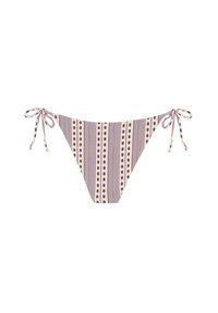 Parte de abajo de bikini con cierres laterales de lazo. Presenta un patrón a rayas en púrpura y crema con lunares, fabricado en una tela texturizada.