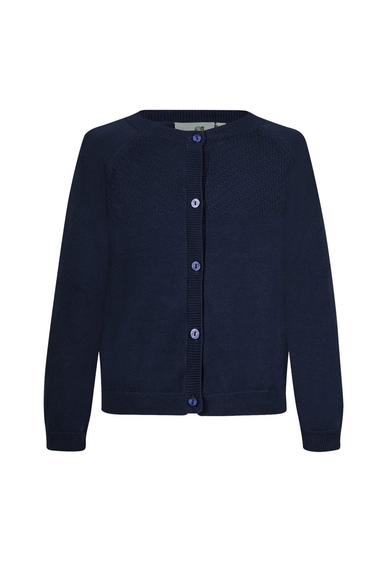 Marineblauer Cardigan mit Knopfleiste, gerippten Bündchen und Saum, strukturierten Einsätzen an den Schultern und rundem Ausschnitt.