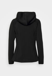Svart huvtröja med en åtsittande design, tillverkad av strukturerat material, med långa ärmar och sömdetaljer. Logotyp på den nedre delen av ryggen.