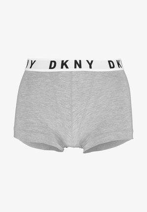 Szare bawełniane bokserki z gładką teksturą, z białym elastycznym pasem z nadrukiem "DKNY" w kolorze czarnym.