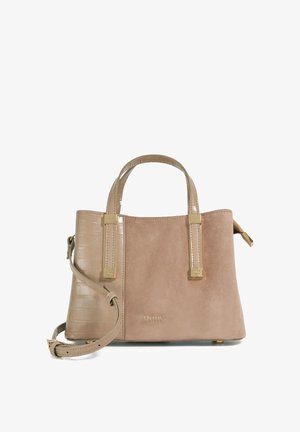 Beige strukturierte Handtasche mit zwei Texturen, goldfarbenen Metallakzenten, zwei oberen Griffen und einem abnehmbaren, verstellbaren Schulterriemen.