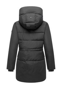 Black padded coat with a large hood, featuring quilted sections, a cinched waist, and ribbed cuffs. Includes a logo detail on the hood.