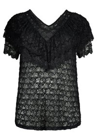 Svart spetsblus med en scalloped design, korta puffärmar och en v-ringning med ett lagerutseende. Genomskinlig textur och blommönster.