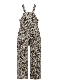 Overalls met luipaardprint, voorzien van verstelbare bandjes, een losse pasvorm en een taille op middelhoog niveau. Gemaakt van zacht stof met grote zwarte vlekken op een beige achtergrond.